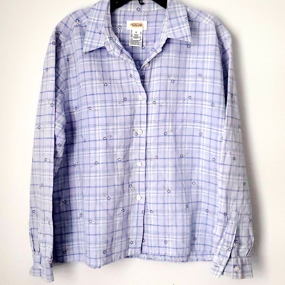 TALBOTS Embroidered Florals Linen Plaid Shirt Button Down Collared Cuffed Sleeve